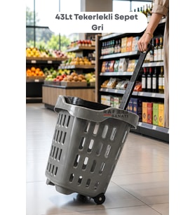 43 LT Tekerlekli Market Sepeti Plastik Alışveriş Sepeti Ergonomik Çift Saplı Gri