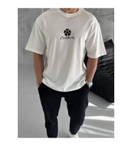 Unisex Bisiklet Yaka Baskılı Oversize T-Shirt - Beyaz
