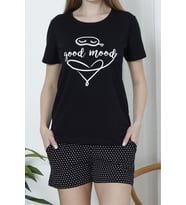 Kadın Şortlu Pijama Takımı Kısa Kollu Pamuklu Cepli Likralı SİYAH