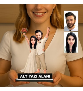 Kişiye Özel 2 Kişilik Gelin Damat Düğün Konseptli Sevgili Karikatürlü 18 cm MDF Masaüstü Biblo - Sevgiliye ve Eşe Hediye Çiftlere Özel Hediye