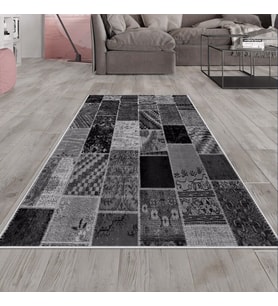 Gri Patchwork Kırkyama Desen Yıkanabilir Kaymaz Taban Leke Tutmaz Modern Salon Halısı ve Yolluk (Siyah-Antrasit)