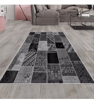 Gri Patchwork Kırkyama Desen Yıkanabilir Kaymaz Taban Leke Tutmaz Modern Salon Halısı ve Yolluk (Siyah-Antrasit)