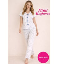 Seamlife Kadın Kayık Yaka Düğmesiz Fitilli Kaşkorse Kumaş Desenli Fiyonk Detay Pamuklu Kısa Kol Pijama Takımı (Mavi)