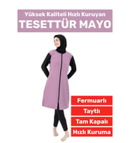 Özel Üretim Yüksek Kaliteli Konforlu Fermuarlı Taytlı Tam Kapalı Yüzücü Deniz Havuz TESETTÜR MAYO (Lila)