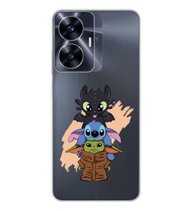 Realme C55 Uyumlu Sevimli Baby Yoda ve Stitch Desenli Şeffaf Telefon Kılıfı