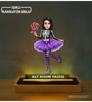 Kişiye Özel Mor Tütülü Şekerli İskelet Karikatürlü 14 cm MDF Işıklı Biblo - Kişiye Özel Hediye