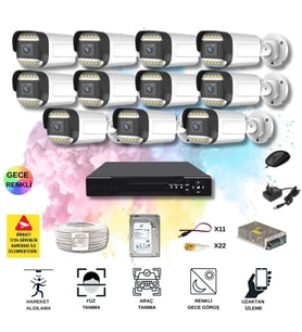 11 Kameralı Set - Yapay Zeka Özellikli Gece Renkli Gösteren 5MP SONY Lensli 12 Warm Ledli FULLHD Güvenlik Kamerası Seti 312W-116