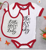 BK Kids Little Boss Lady Tasarımlı Kırmızı Bebek Body Zıbın ve Mama Önlüğü Hediye Seti-1