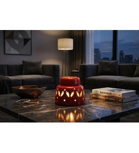 %100 El Emeği Karo Yansıma Desenli Tealight Mumluk Kırmızı R10xH7x3 cm