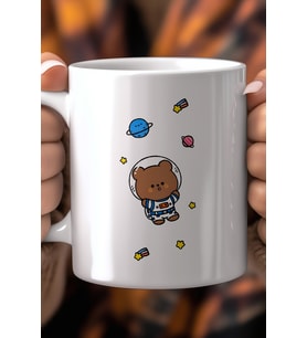 Astronot Ayıcık Desenli 330ml Baskılı Beyaz Seramik Kupa Bardak