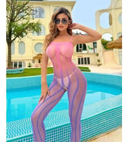 Intive Pembe Mor Çizgili Tamamı Tül Ağı Açık İnce Askılı Vücut Çorabı (Çok Renkli-Pudra)