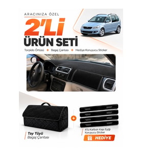 e-biz SKODA ROOMSTAR (2006-2015) Uyumlu Torpido Örtüsü + Tay Tüyü Bagaj Çantası Seti - Siyah - SK002