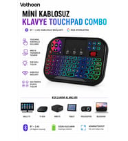 RGB Işıklı Mini Kablosuz Klavye Touchpad Combo, Bluetooth ve 2.4G Smart TV Kumandası