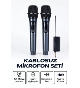 Profesyonel Çiftli Kablosuz Mikrofon Seti Karaoke Şarj Edilebilir 50 Metre