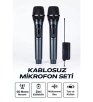 Profesyonel Çiftli Kablosuz Mikrofon Seti Karaoke Şarj Edilebilir 50 Metre