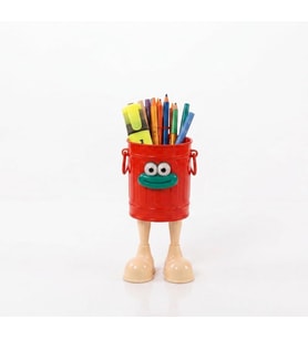 Walky Bin Ayaklı Kalemlik - Sevimli Yüz Figürlü Masaüstü Kalem Kutusu, Ofis ve Çocuk Odası Düzenleyici, Makyaj Fırçalığı, Hediyelik Plastik Kalem Standı (Kırmızı)
