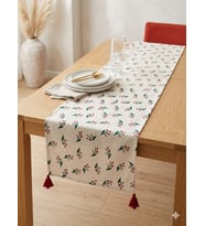 %70Pamuk %30 Polyester Faralya Life Çiçekli Püsküllü Pamuklu Runner - Çiçek Desenli Masa Örtüsü 45x140 cm