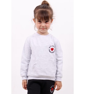 Toontoy Kız Çocuk Göğsü Kalp Nakışlı Sweatshirt ( Gri-Melanj)