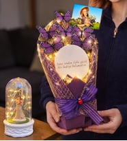 Size Özel Fotoğraflı Led Işıklı Aynalı Kelebek Buketi & Led Işıklı Fanuslu (Model 2)