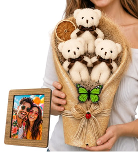 Peluş Ayıcık Buketi Hediyesi Ahşap Fotoğraf Çerçeveli Büyük Boy Krem Peluş Ayıcık Buketi