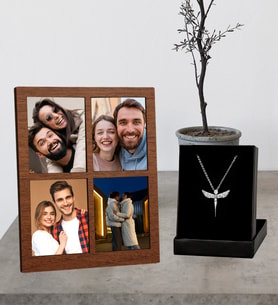 Kİşiye Özel 4 Fotoğraflı Kolaj Ahşap Çerçeve Ve Gümüş Melek Kolye Set
