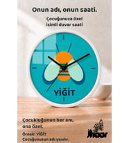 İsme Özel Turkuaz Arı Figürlü Çocuk Odası Duvar Saati Orta Boy 30 cm Beyaz Camlı Sessiz
