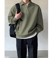 Erkek Polo Yaka Yarım Fermuarlı Sweatshirt HAKİ