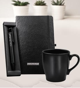 Kişiye Özel Siyah Defter & Gri Telefon Tutuculu Tükenmez Kalem & Modern Siyah Kupa Babalar Gününe Özel Hediye Seti
