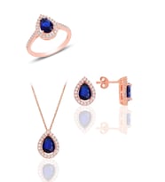 Söğütlü Silver Gümüş rose safir taşlı damla modeli üçlü set