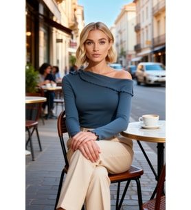 Kadın Bluz Fitted Asimetrik Yaka Uzun Kol Fitilli Örme Aksesuar Detaylı Crop Kesim Vücuda Oturan