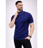 Erkek Fitilli Triko Dokuma Kısa Kol Tişört Yarım Boğaz Modern Yazlık T-Shirt - Lacivert