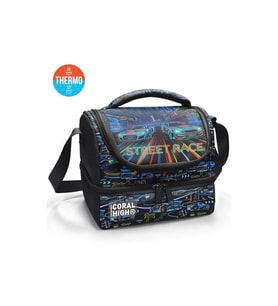 CORAL HIGH 37210 KIDS SİYAH ÇOK RENKLİ YARIŞ ARABASI DESENLİ THERMO İKİ KATLI BESLENME ÇANTASI