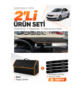 SKODA RAPİD (2013-2017) Uyumlu Torpido Örtüsü + Deri Bagaj Çantası + Sticker Seti - Siyah Kahverengi