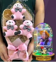 Size Özel Renkli Led Işıklı Fanus ve Büyük Boy Pembe Ayıcık Buketi Hediye Seti (Model 8)