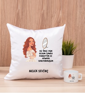 Kişiye Özel Az Önce Aşık Oldum Tasarım Esprili Kare Yastık ve Fincan
