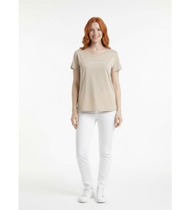 Bej Kadın Basic T-Shirt Yuvarlak Yaka Kısa Kol