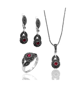 Pembe Zirkon Taşlı Çiçek Model Markazit Gümüş Takı Seti 201022243