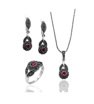 Pembe Zirkon Taşlı Çiçek Model Markazit Gümüş Takı Seti 201022243