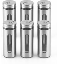6'lı Set Metal Kaplı Cam Baharatlık, 14 cm - Şeffaf Pencereli, Döner Kapaklı, Paslanmaz Çelik Görünümlü Tuzluk ve Baharat Takımı