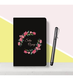 BK Gift Kişiye Özel Çiçek Desenli Siyah Defter Kalem Seti-3