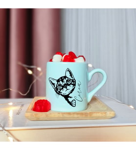 Kedi  Tasarımlı Kişiye Özel Yeşil Türk Kahvesi Fincanı