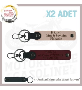 Arkadaşa İsim Plaka ve B Rh (-) Kan Grubu Yazılı Kişiye Özel x2 Anahtarlık Set, Yavruağzı-Bordo-Laci (Çok Renkli)