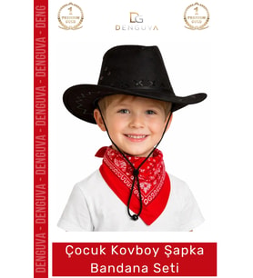 #Kostüm Çocuk Kovboy Şapkası Western Kostüm Aksesuarı Kırmızı Fular Siyah Kırmızı Bandana Seti