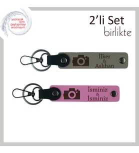 Karelere Sığmayan Aşk, İsme Özel Kamera Temalı 2’li Deri Anahtarlık Takımı, Kül Gri-Pembe