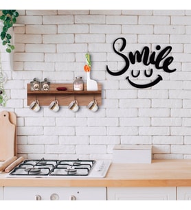 BK Home Doğal Ahşap Raflı Dekoratif Fincan Askılığı ve Gülümse Duvar Süsü-2 (Beyaz)