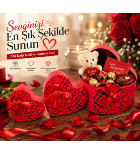 Sevdiklerinizi Mutlu Etmenin En Şık Yolu 3'lü Kalp Hediye Kutu Seti 3'lü Set I Love You Kırmızı