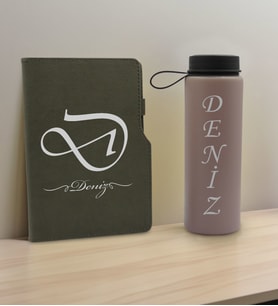 BK Gift Kişiye Özel İsimli Mat Gri Termo Deri Defter ve Cam Matara Hediye Seti-2, Sevgiliye Hediye, Arkadaşa Hediye, Yeni İş Hediyesi