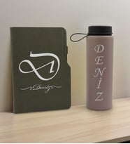 BK Gift Kişiye Özel İsimli Mat Gri Termo Deri Defter ve Cam Matara Hediye Seti-2, Sevgiliye Hediye, Arkadaşa Hediye, Yeni İş Hediyesi