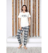 Kadın Düğmesiz Bisiklet Yaka Kısa Kol Cepli Pijama Takımı (Beyaz)