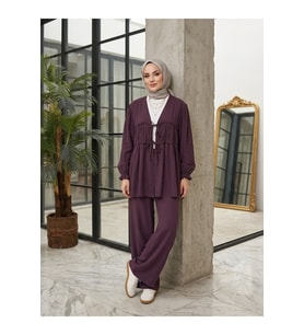 Büzgülü Bağlamalı Pantolonlu Takım-Bordo